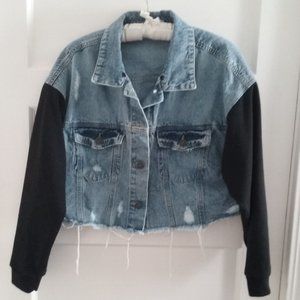 Highway Denim Jeans Distressed Raw Edge Hem Crop Mix Media Jean Jacket Lg.